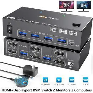 Hitoor KVM Switch 2 Monitors 2 Computers 8K@60Hz/4K@144Hz, Dual Monitor HDMI+Displayport KVM Switches for 2 PC Sharing 2 Monitors & Keyboard Mouse with Power Adapter, Wired Controller & USB3.0 Cables
