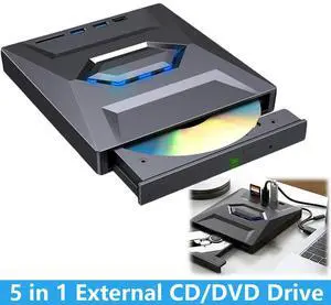Hitoor 5-in-1 External DVD Drive USB 3.0 & Type-C, Portable DVD-RW/CD Writer Reader with USB Hub & SD/TF Card Reader, Plug & Play External Optical CD/DVD Drive for Laptop Desktop Windows, Linux, MacOS Hitoor 5-in-1 External DVD Drive USB 3.0 & Type-C, Portable DVD-RW/CD Writer Reader with USB Hub & SD/TF Card Reader, Plug & Play External Optical CD/DVD Drive for Laptop Desktop Windows, Linux, MacOS