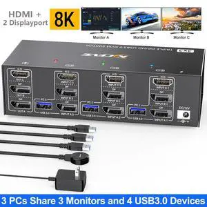 Hitoor 2 Displayport + HDMI USB 3.0 KVM Switch 3 Monitors 3 Computers, 8K@60Hz,4K@144Hz Triple Monitor KVM Switches with 4 USB 3.0 Ports, KVM Triple Monitor Keyboard Mouse Switcher, with Wired Remote Hitoor 2 Displayport + HDMI USB 3.0 KVM Switch 3 Monitors 3 Computers, 8K@60Hz,4K@144Hz Triple Monitor KVM Switches with 4 USB 3.0 Ports, KVM Triple Monitor Keyboard Mouse Switcher, with Wired Remote