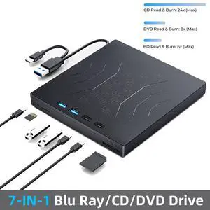 Hitoor 7 in 1 External Blu Ray Drive, Support 100G Disc R/W Portable Blu Ray Player with USB 3.0 Type-C, CD DVD Burner 3D Blu Ray with SD/TF Port, Blu Ray Burner Compatible with Windows Laptop Desktop Hitoor 7 in 1 External Blu Ray Drive, Support 100G Disc R/W Portable Blu Ray Player with USB 3.0 Type-C, CD DVD Burner 3D Blu Ray with SD/TF Port, Blu Ray Burner Compatible with Windows Laptop Desktop