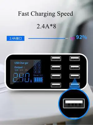 8 Ports USB 2.4A fast charging 40W Car Charger with LED Digital Display for iphone,Android phones