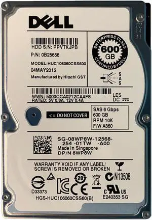 Dell 8WP8W 600GB SAS 10K 6GBPS 2.5" Drive 0B25656 HUC106060CSS600