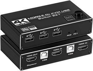 HDMI KVM Switch 4K@60Hz  2x1 HDMI2.0 Ports + 3 x USB KVM Ports, Share 2 Computers to one UHD Monitor Support Wireless Keyboard and Mouse, USB Disk, Printer