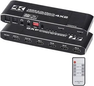 HDMI Matrix Switch 4x2, 4K HDMI Matrix Switcher Splitter 4 in 2 Out Box with EDID Extractor and IR Remote Control Support 4K HDR, HDMI 2.0b, HDCP 2.2, 4K@60Hz, 3D, 1080P