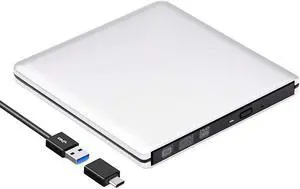 Aluminum Alloy Case External CD DVD Drive USB 3.0 & USB-C Ultra Slim  Portable DVD CD ROM +/-RW Optical Drive Burner Reader Writer Compatible with Windows 10/8/7 Linux OS MAC