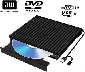 External CD/DVD Drive for Laptop USB-C & USB 3.0 CD/DVD ROM Drive Reader Writer Burner Compatible with Laptop PC MacBookMac Windows 10/8/7 Linux OS Apple
