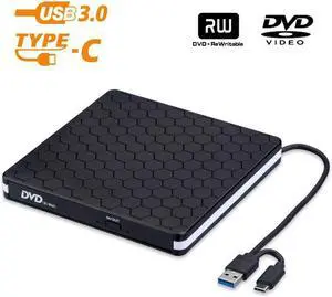 Portable External DVD Drive, USB 3.0/Type-C CD DVD +/-RW Optical Drive USB C Burner Slim CD/DVD ROM Rewriter Writer Reader for Windows 7/8.1/10 Linux MAC OS