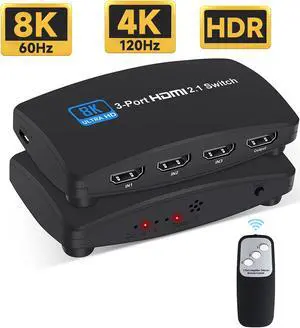 HDMI 2.1 Switch 3 in 1 Out, 3-Port HDMI Switcher Selector, Supports 8K@60Hz 4K@120Hz, 1080P@240Hz, 1080P@120Hz for Fire Stick, HDTV, PS4/5, Game Consoles with Remote Controller