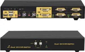 Dual Monitor KVM Switch DVI 2 Port, Dual-View PC Monitor Keyboard Mouse Switcher with Audio and USB2.0 HUB