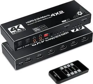 4x2 HDMI Matrix Switch, HDMI 2.0b Matrix Switch 4 in 2 Out, 4K@60Hz HDMI Switcher Splitter + Optical and L/R Audio Output, Scaler EDID with Remote, HDCP2.2, HDR 10