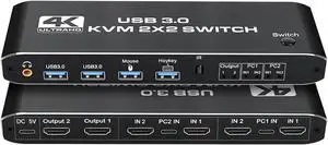HDMI 2.0 USB 3.0 KVM Switch with Audio Output, 2x2 for 2 Computers and 2 Monitors 4K@60Hz with 3 Display Method,Hot Key Switching,IR Control
