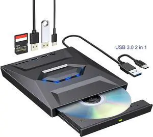 External CD DVD +/-RW Drive with SD Card Reader and USB 3.0+2.0+Type-C Input Ports, CD/DVD Burner Player Reader Writer Optical Disk Drive for Laptop PC Windows 11/10/8/7, Linux