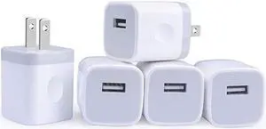 Single Port USB Wall Charger  1A5V Power Adapter 5 Pack Charging Block Cube Plug Box Compatible Phone X87XsXR6s5SE Samsung S9S8S7S6 Edge Note 8 LG G5 V30 Moto Pixel Nexus HTC