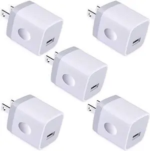 Single USB Port Wall Charger  1A5V Wall Charger Plug USB Power Adapter 5 Pack for Phone X876S6S Plus6 Plus65S5Samsung Galaxy S9S8S7 EdgeHTCNexusMoto BlackBerry and More