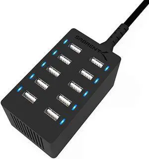 60 Watt 12 Amp 10Port UL Certified FamilySized Desktop USB Rapid Charger Smart USB Ports with Auto Detect Technology Black AXTPCS