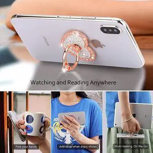 Cell Phone Finger Ring Holder with Blingy Crystals  Heart Love Phone Ring Kickstand Washable Removable 360°Rotation Zinc Alloy Ring Grip Stand for All Phones Rose Gold