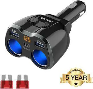 C Car Charger, 2 Sockets Cigarette Lighter Splitter 12/24V 80W Dual Type-C Ports Separate Switch LED Voltage Display Built-in Replaceable 10A Fuse Compatible Mobile Cell Phone GPS Dash Cam