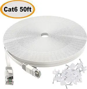 6 Ethernet Cable 50 ft White Flat Internet Network Lan patch cords Solid 6 High Speed Computer wire With clips Snagless Rj45 Connectors for Router modem faster than 5e5 50 feet
