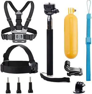 Universal Action Camera Accessories Bundle-Head Chest Strap Mount/Selfie Stick/Floating Hand Grip Compatible with Campark ACT74 X40 X35/Dragon Touch 4K/AKASO EK7000 Brave 4 5 6/Vantop Moment