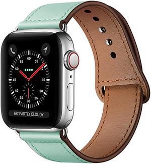 Compatible with iWatch Band 44mm 42mm 40mm 38mm Genuine Leather Replacement Band Strap Compatible with Apple Watch SE Series 6 5 4 3 2 1 MintSilver 44mm42mm