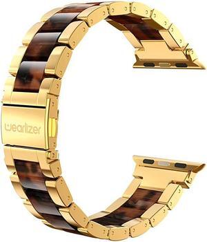 Compatible with Apple Watch Band 42mm 44mm Replacement for iWatch SE Womens Mens Wristbands Gold Stainless Steel Luxury Tortoise Resin Strap Metal Sleek Bracelet Clasp Series 6 5 4 3 2 1