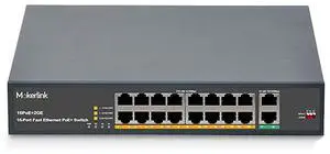 16 Port PoE Switch with 2 Gigabit Uplink Ethernet Port 250W High Power Support IEEE8023afat Rackmount Unmanaged Plug and Play