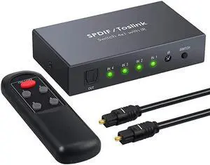 Digital Toslink Optical 4x1 Switch with 3ft Optical Cable and IR Remote Control Aluminum Alloy Digital Audio SPDIF Toslink Optical Fiber Switcher 4 in 1 Out for PS3 Xbox BlueRay DVD HDTV