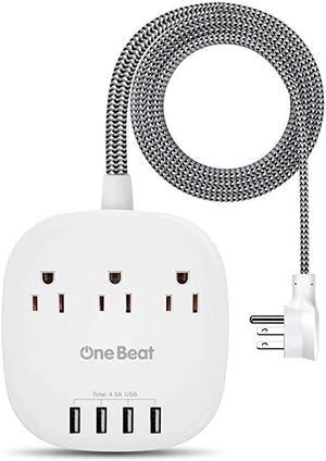 Power Strip with 3 Outlet 4 USB Ports 45A Flat Plug and 5 ft Long Braided Extension Cords for Cruise Ship Travel Home Office ETL Listed White