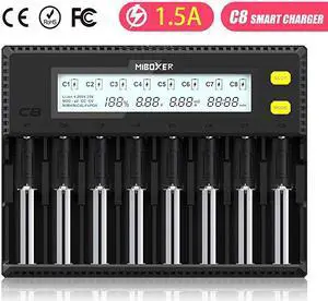 Battery ChargerMiBOXER 8Bay Smart Charger with Automatic LCD DisplayFast Charge Rechargeable Liion LiFePO4 NiMH NiCd AA AAA C 18650 26650 18350 17670 18700 21700 RCR123Fire Prevention