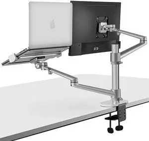 Monitor and Laptop Mount 2in1 Adjustable Dual Arm Desk Mounts Single Desk Arm StandHolder for 17 to 32 Inch LCD Computer Screens Extra Tray Fits 12 to 17 inch Laptops Silver