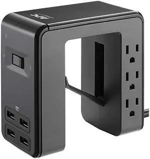 Desk Mount Power Station PE6U4 UShaped Surge Protector with USB Ports 4 Desk Clamp 6 Outlet 1080 Joules Black