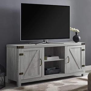 Farmhouse Barn Wood Universal Stand for TVs up to 64 Flat Screen Living Room Storage Cabinet Doors and Shelves Entertainment Center 58 Inch Stone Grey