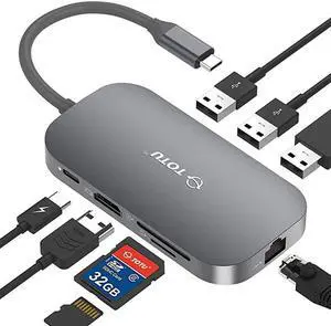 USB C Hub,  9-In-1 Type C Hub with Ethernet Port, 4K USB C to HDMI, 2 USB 3.0 Ports, 1 USB 2.0 Port, SD/TF Card Reader, USB-C Power Delivery, Portable for Mac Pro and Other Type C Laptops (Silver)