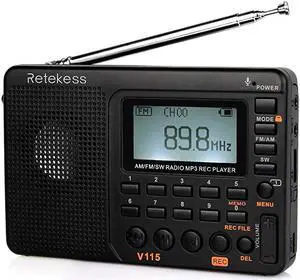 V115 Portable AM FM Radio with Shortwave Radio MP3 Player Digital Record Support Micro SD TF Card Sleep Timer and Rechargeable BatteryBlack