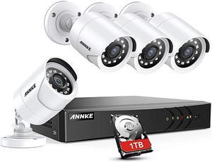 8 Channel Security Camera System 5in1 5MP lite H265+ DVR with 1TB Surveillance Hard Disk Drive and 4 Weatherproof HDTVI Bullet Cameras with IRcut Night Vision LEDs Instant email alert