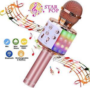 Bluetooth 4 in 1 Karaoke Wireless Microphone with LED Lights Portable Microphone for Kids Best Gifts Toys for Kids Girls Boys and Adults Pink