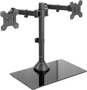 Freestanding Black Dual Monitor Stand with Sleek Glass Base and Adjustable Arms Mounts 2 Screens up to 27 inch and 22 lbs Each STANDV002FG