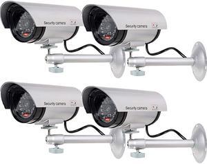 Bullet Dummy Fake Surveillance Security CCTV Dome Camera Indoor Outdoor with one LED Light + Sticker Decals TCS4 4 Packs Silver