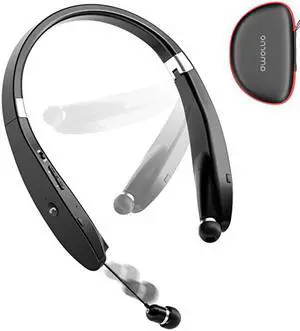Foldable Bluetooth Headphones Wireless Neckband Headset with Retractable Earbuds Sports Sweatproof Noise Cancelling Stereo Earphones with Mic Black
