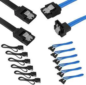 Set of 12, Straight and 90 Degree Right-Angle SATA III Cable 6.0 Gbps with Locking Latch,  SATA III Cable (6X Black, 6X Blue)
