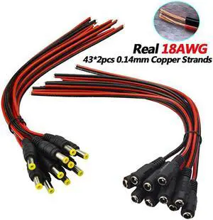 Real 18AWG 43x2pcs Copper Strands 10 Pairs DC Power Pigtail Cable Wire 12V 5A Male Female Connectors for CCTV Security Camera and Lighting Power Adapter by  21mm x 55mm Ultra Thick