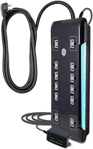 UltraPro 12 Outlet Sur Protector, Tethered 2 USB Ports, 8 Ft Power Cord, 4320 Joules, Flat Plug, Power Filter, Circuit Breaker, Warranty, UL Listed, Black, 11824