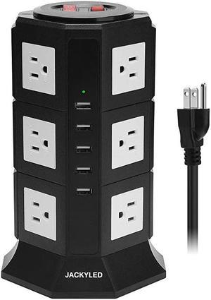Surge Protector Power Strip Tower  12 AC Outlets 3000W 15A and 5 USB Slots 8A Desktop Smart Charging Station Multiple Protection with Heavy Duty 65ft 14 AWG Extension Cord for Home