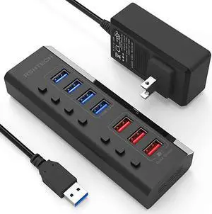 Powered USB Hub 7 Ports USB 30 Hub with 4 High Speed Data Transfer Ports + 3 Fast Charging Ports and Individual OnOff SwitchesA37Black