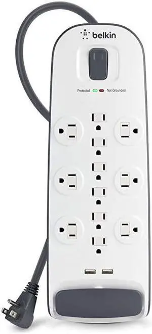 USB Power Strip Surge Protector - 12 AC Multiple Outlets & 2 USB Ports - 6 ft Long Flat Plug Extension Cord for Home, Office, Travel, Computer Desktop & Charging Brick - White (3,996 Joules)
