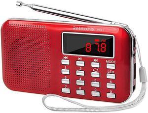 PR11 AM FM Radio Portable, Rechargeable Radio Digital Tuning, MP3 Music Player Speaker Support TF, AUX, USB Port(Red)