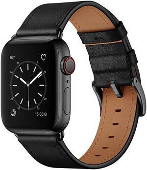 Compatible with Apple Watch Band 42mm 44mm Genuine Leather Band Replacement Strap Compatible with Apple Watch Series 654321SE 44mm 42mm Black Band with Black Adapter