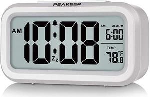 Smart Night Light Digital Alarm Clock with Indoor Temperature Battery Operated Desk Small Clock White