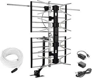 Digital HDTV Outdoor Amplified Antenna 150 Miles Range Mounting Pole 40 feet RG6 Coaxial Cable Included Optimized Performance in UHF VHF Tools Free Installation