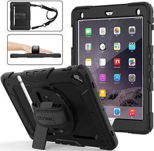 Case for iPad 6th/5th Generation, 3-Layer Protection Case with [360 Degrees Rotating Stand] Hand Strap &[Pencil Holder] for iPad 5th/6th 2018/2017, Air 2 and Pro 9.7 (Black)